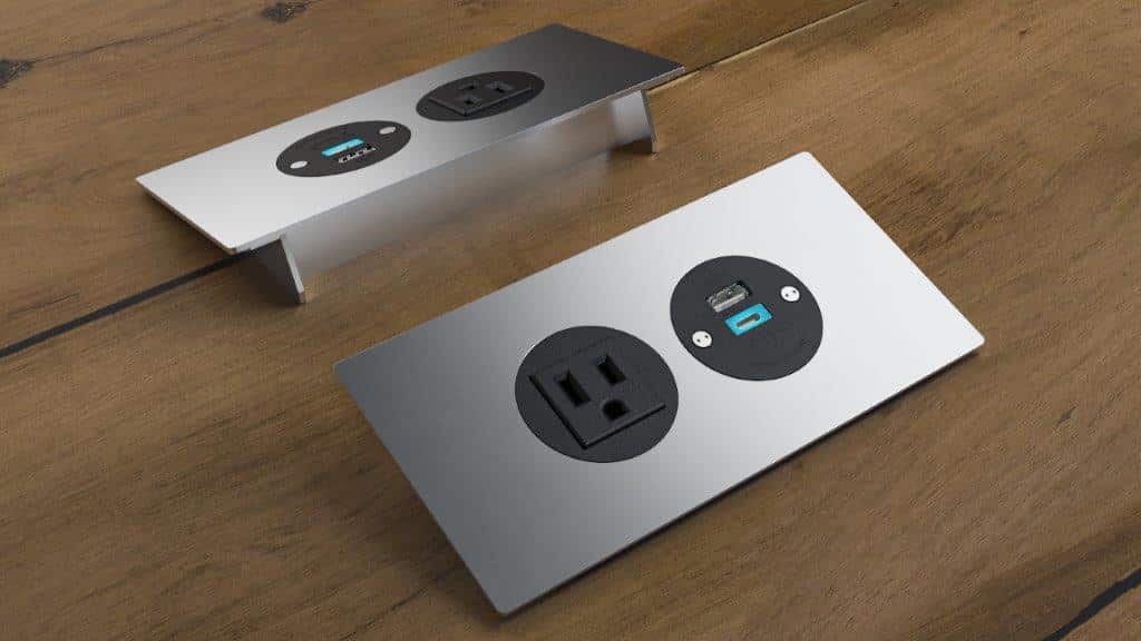 two back-to-back Spunk outlets added to table with one outlet, lightening and usb