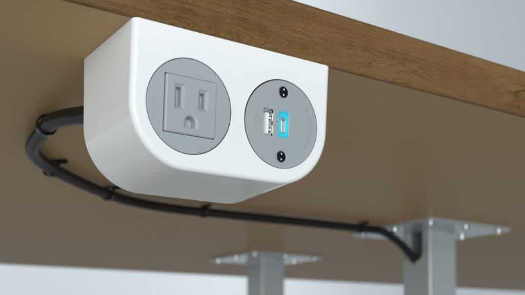 Tiny Brite outlet flush on front of table for power, in white, one outlet and usb and lightening