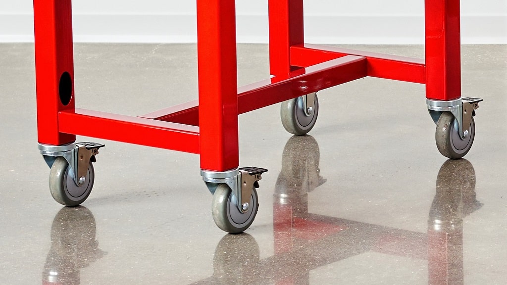Red metal table legs with casters