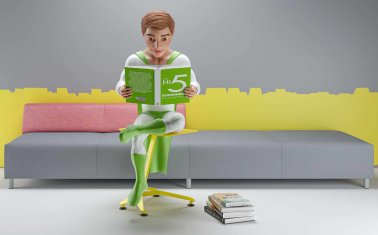 Man reading hi5 lookbook on a hi5 sofa